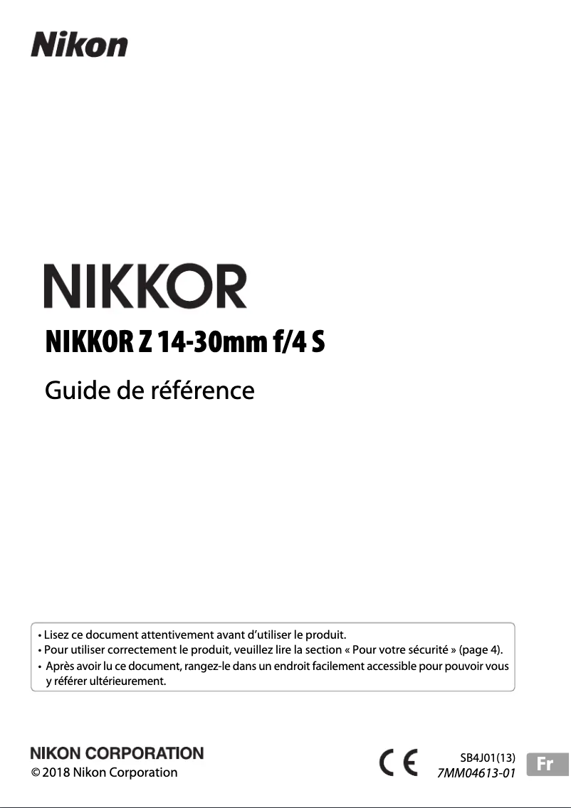 Page 1 de la notice Manuel utilisateur Nikon Nikkor Z 14-30mm f/4 S Mirrorless