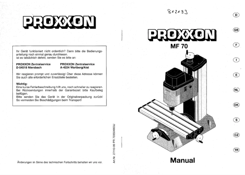 Page 1 de la notice Manuel d'utilisation et d'entretien Proxxon MF 70