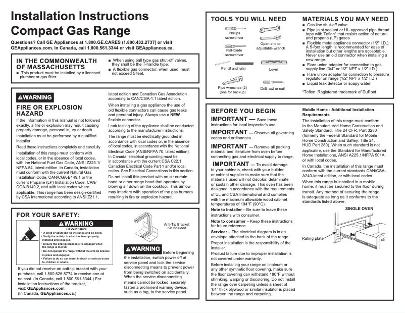 Page 1 of the manual Installation Guide GE RGAS200DMWW