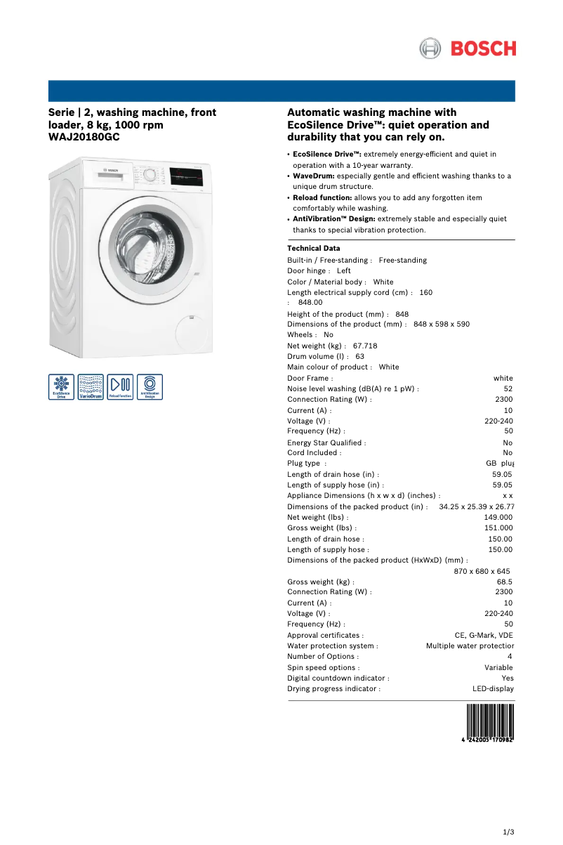 Page 1 of the manual Technical Sheet Bosch WAJ20180GC