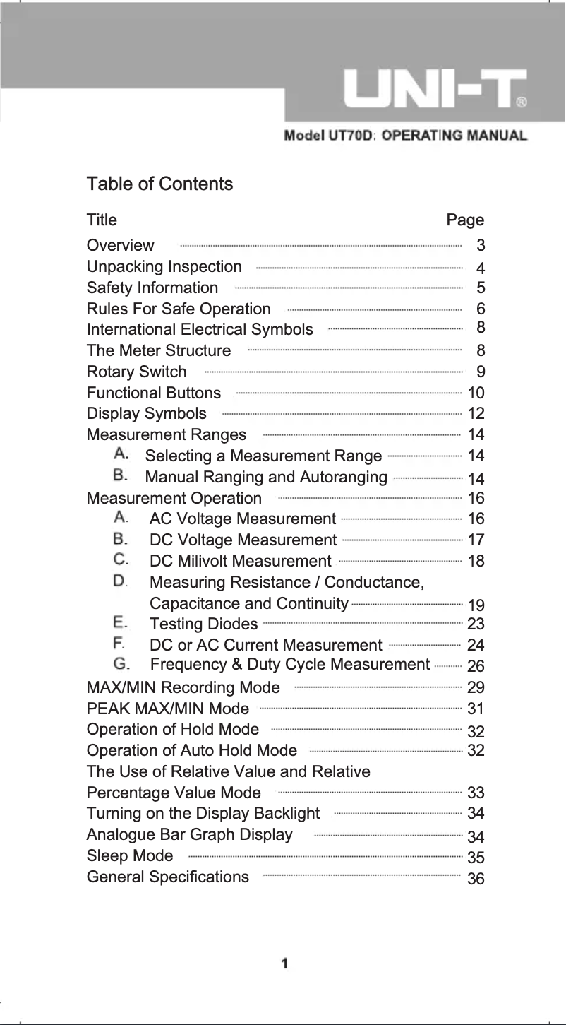 Page 1 de la notice Manuel utilisateur Uni-T UT70D