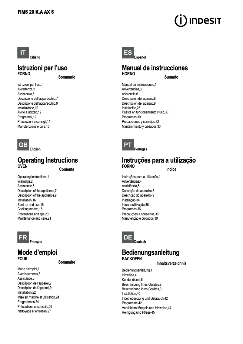 Página 1 del manual Manual de usuario Indesit FIMS 20 KA AX S