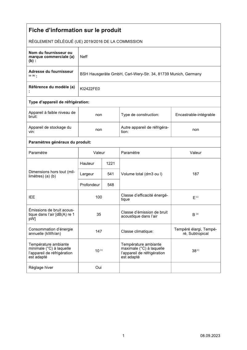 Page 1 of the manual Energy Label Neff KI2422FE0