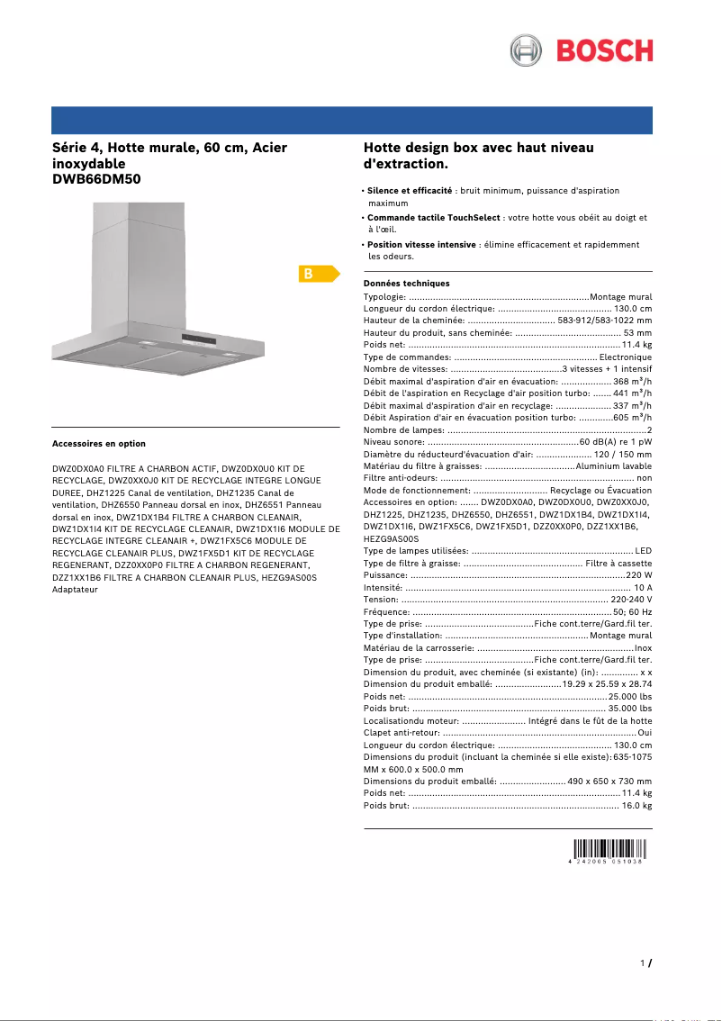 Page 1 de la notice Fiche technique Bosch DWB66DM50