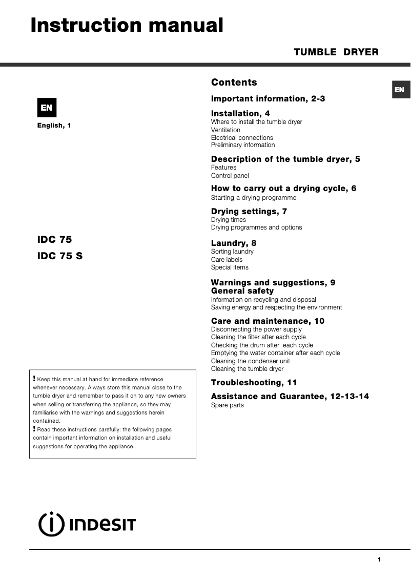 Página 1 del manual Manual de usuario Indesit IDC 75 S (UK)