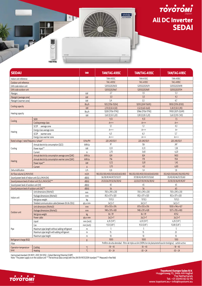 Page 1 of the manual Technical Sheet Toyotomi TAN/TAG-A10SC