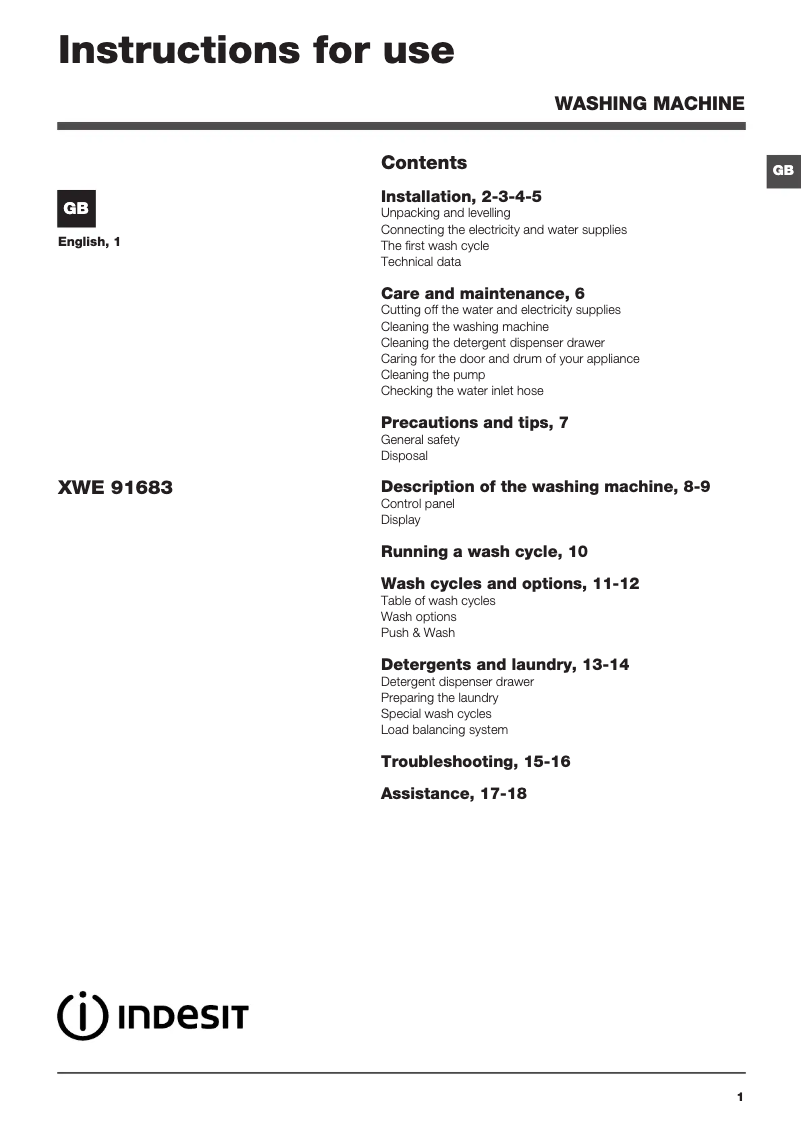 Page n°1 - Instructions / montage Indesit XWE 91683X WWWG UK