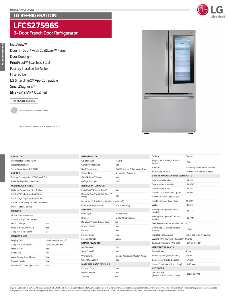 Page 1 of the manual Technical Sheet LG LFCS27596S