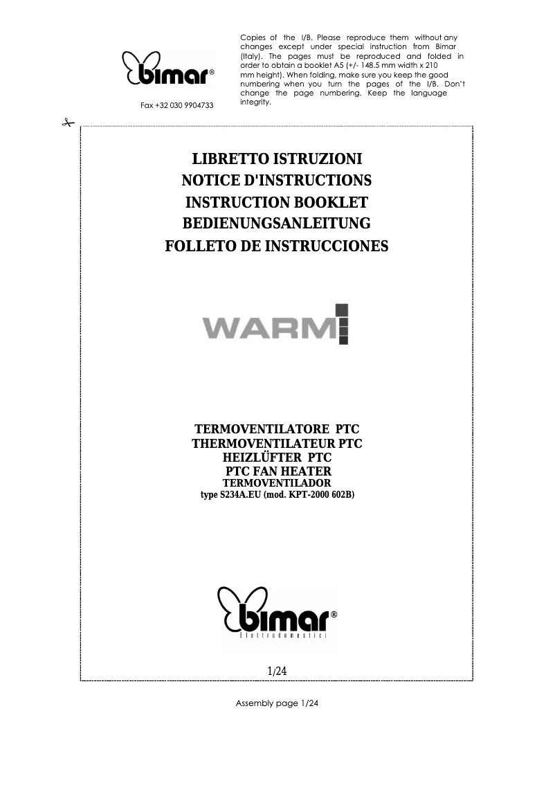 Page 1 de la notice Manuel utilisateur Bimar Warmi