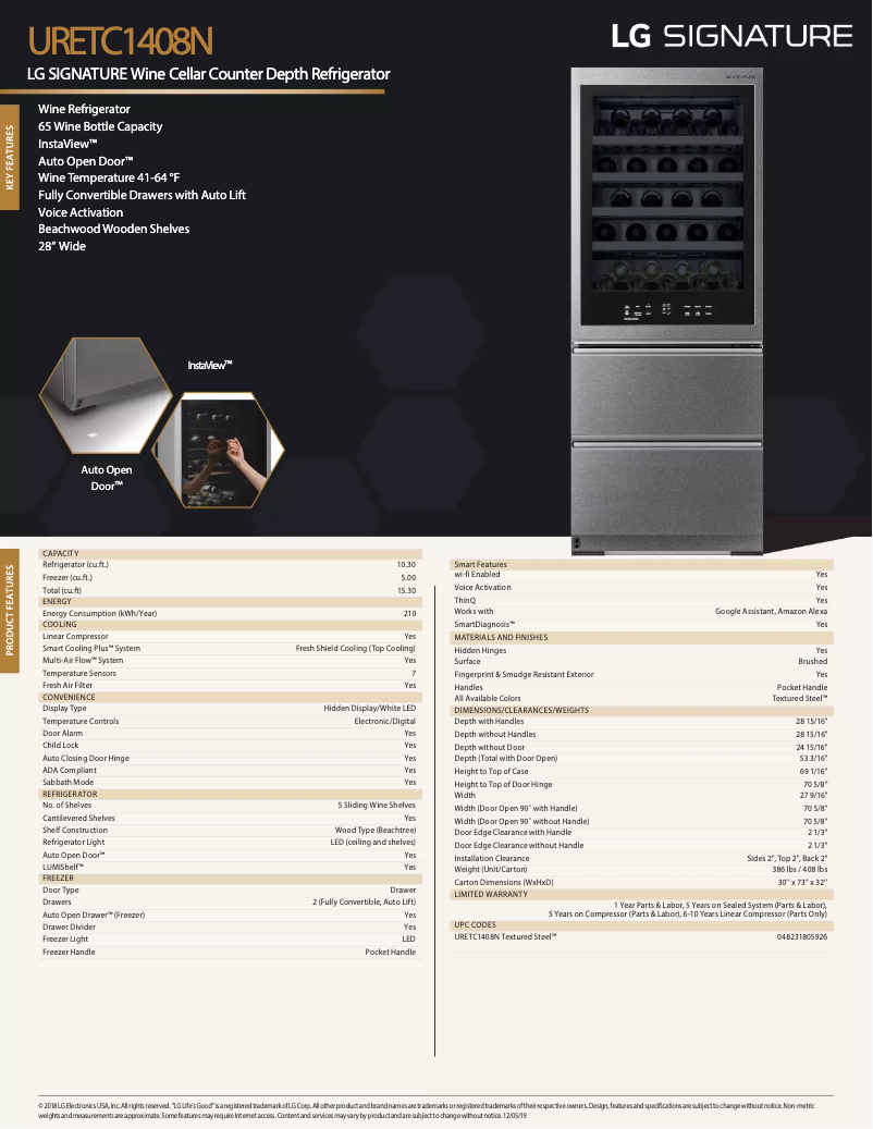 Page 1 de la notice Fiche technique LG URETC1408N