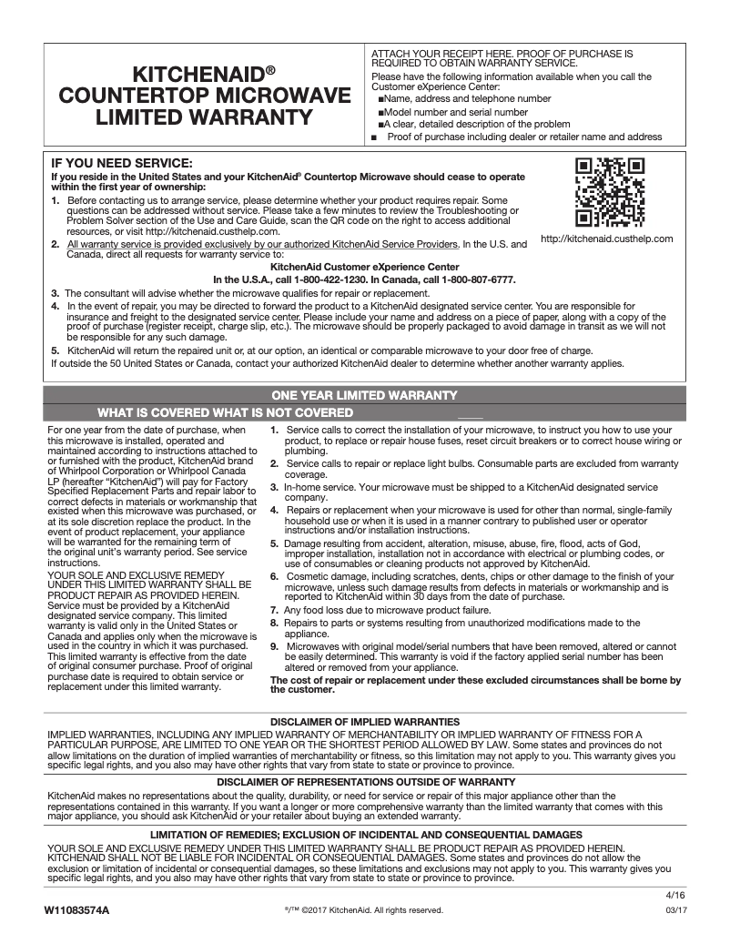 Page 1 de la notice Informations de garantie KitchenAid KMCS3022GSS