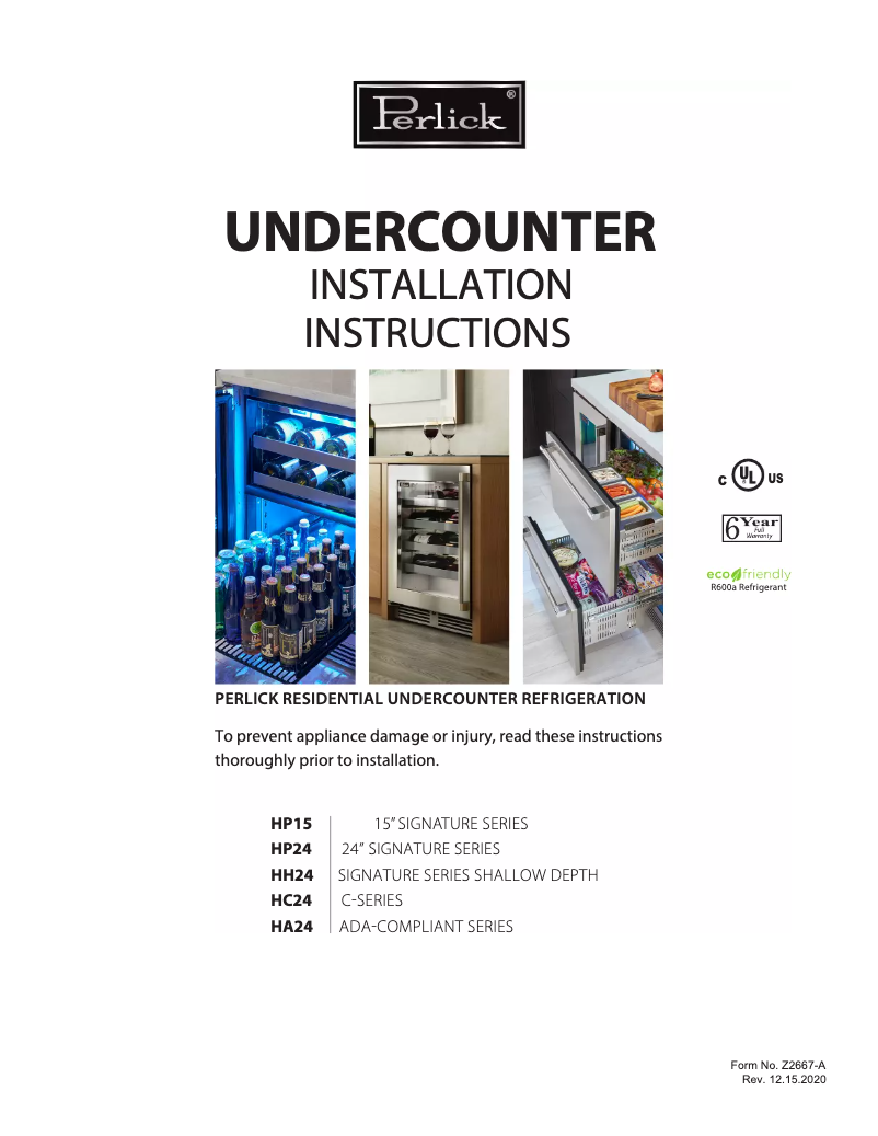 Page 1 de la notice Guide d'installation Perlick HC24RB-3-1R