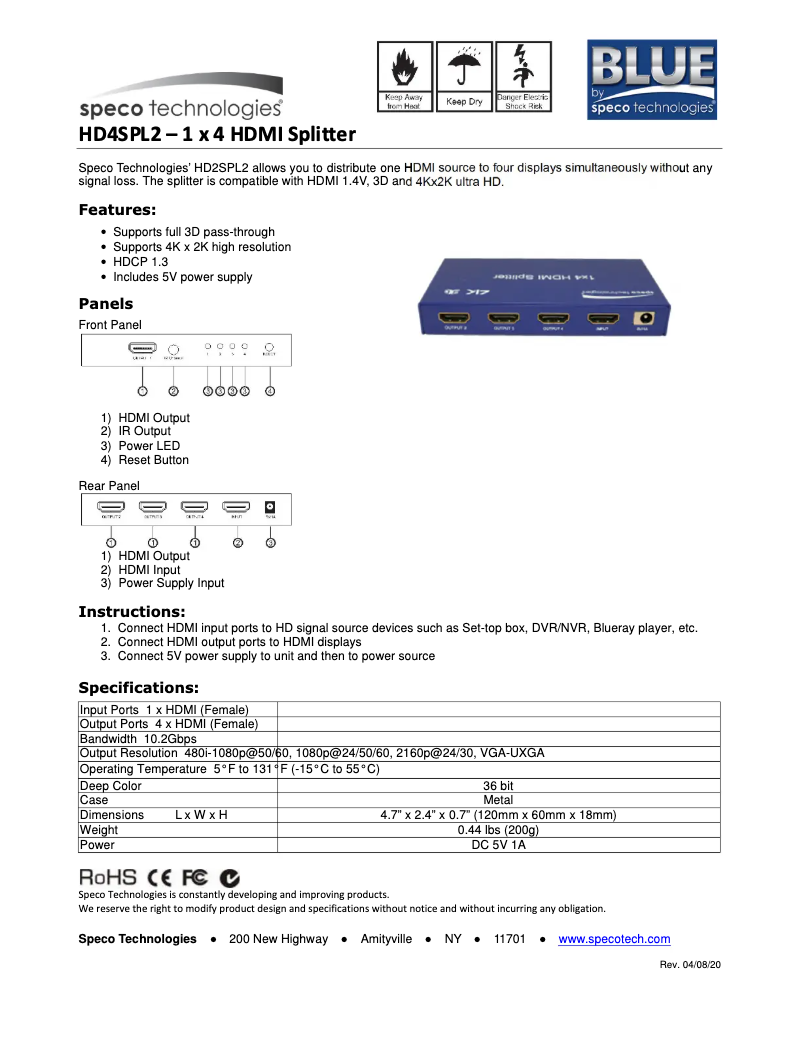 Page 1 de la notice Manuel utilisateur Speco Technologies HD4SPL2