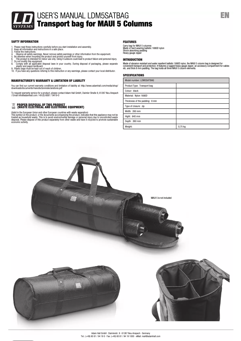 Page 1 de la notice Manuel utilisateur LD Systems MAUI 5 SAT BAG