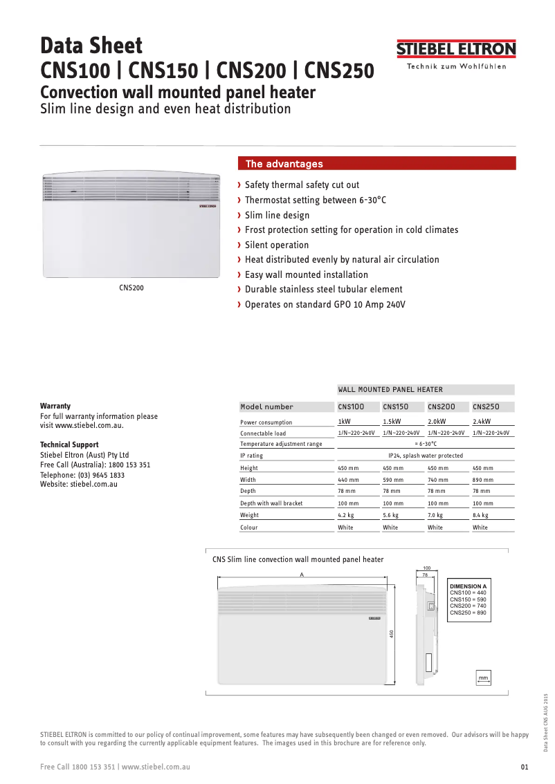 Page 1 of the manual Technical Sheet Stiebel Eltron CNS 200 S