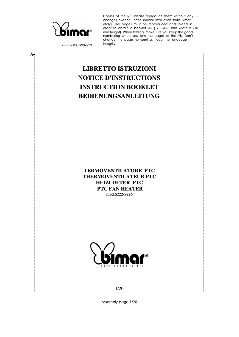 Page 1 de la notice Manuel utilisateur Bimar S226.IC