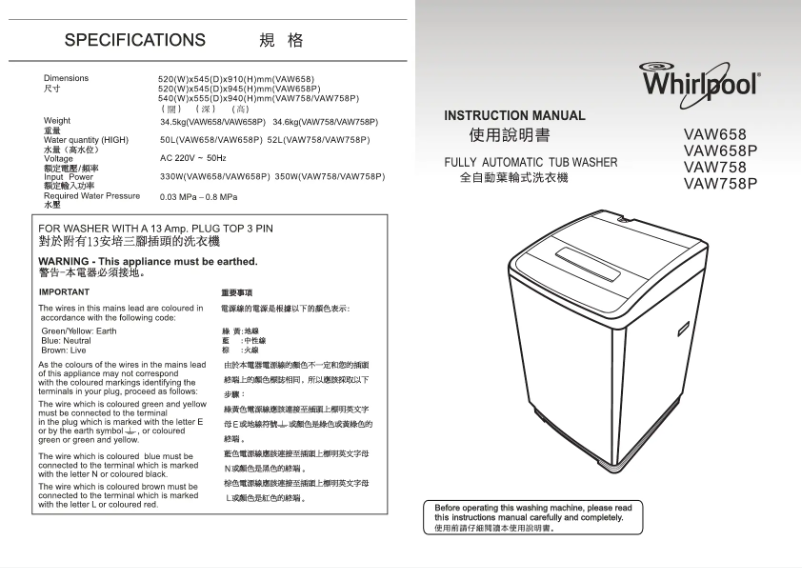 Página 1 del manual Manual de usuario Whirlpool VAW658