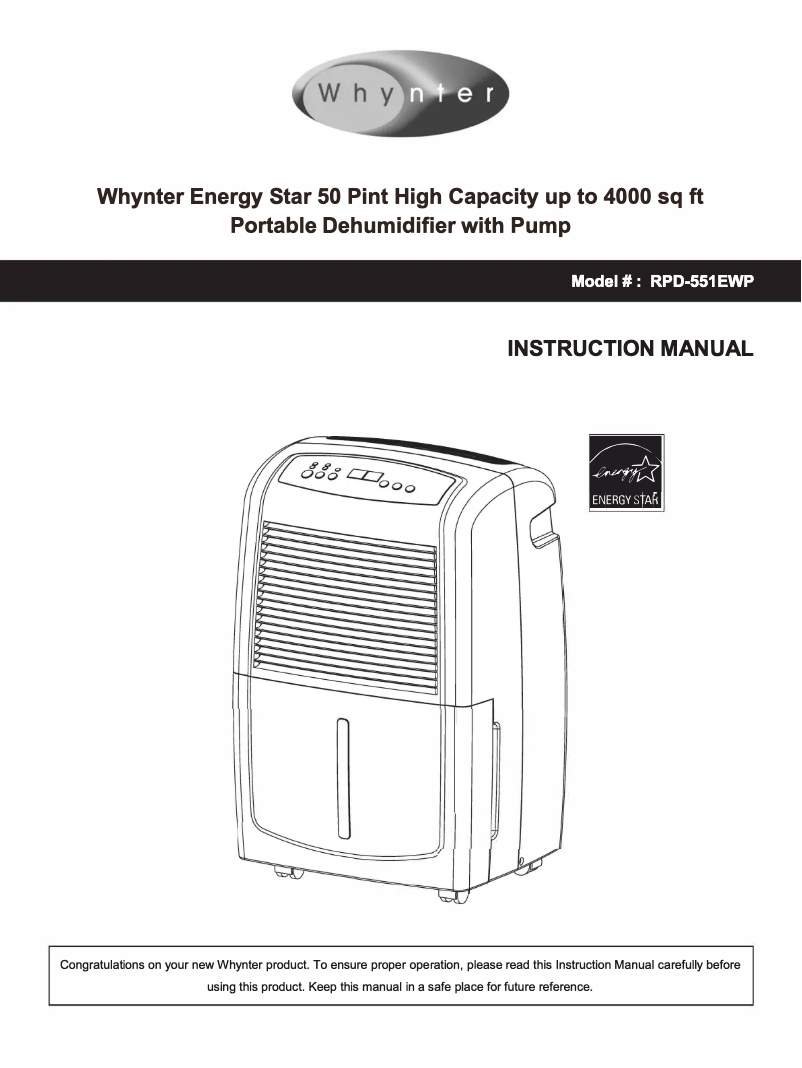 Page 1 de la notice Manuel utilisateur Whynter RPD-551EWP