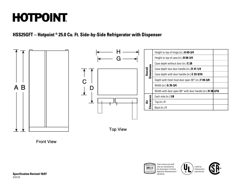 Página 1 del manual Ficha técnica Hotpoint HSS25GFTCC