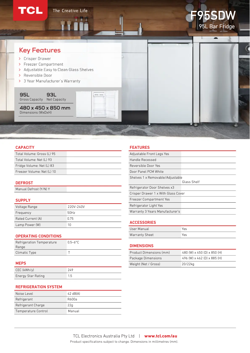 Page 1 de la notice Fiche technique TCL F95SDW