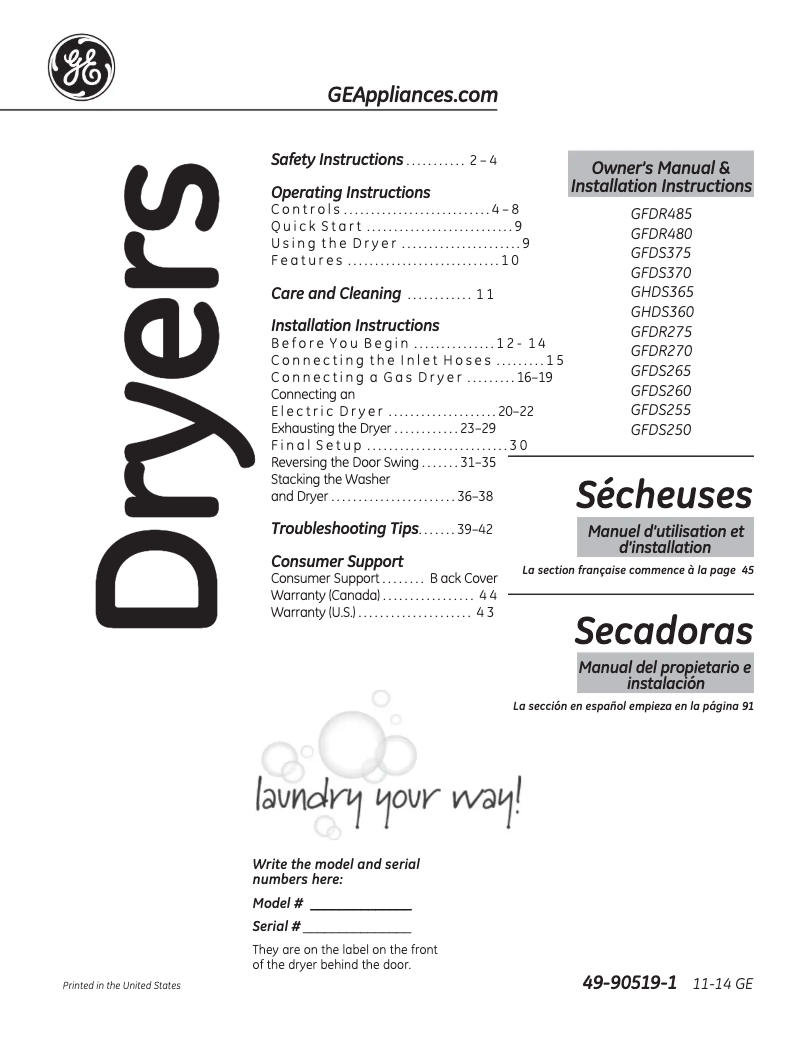 Página 1 del manual Guía de instalación GE GFDS260EFWW