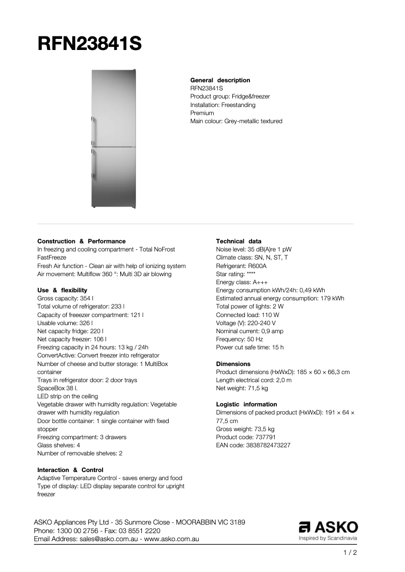 Page 1 of the manual Technical Sheet Asko RFN23841S