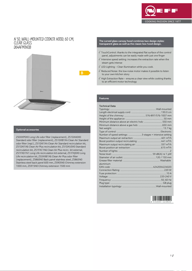 Page 1 de la notice Fiche technique Neff D64AFM1N0B