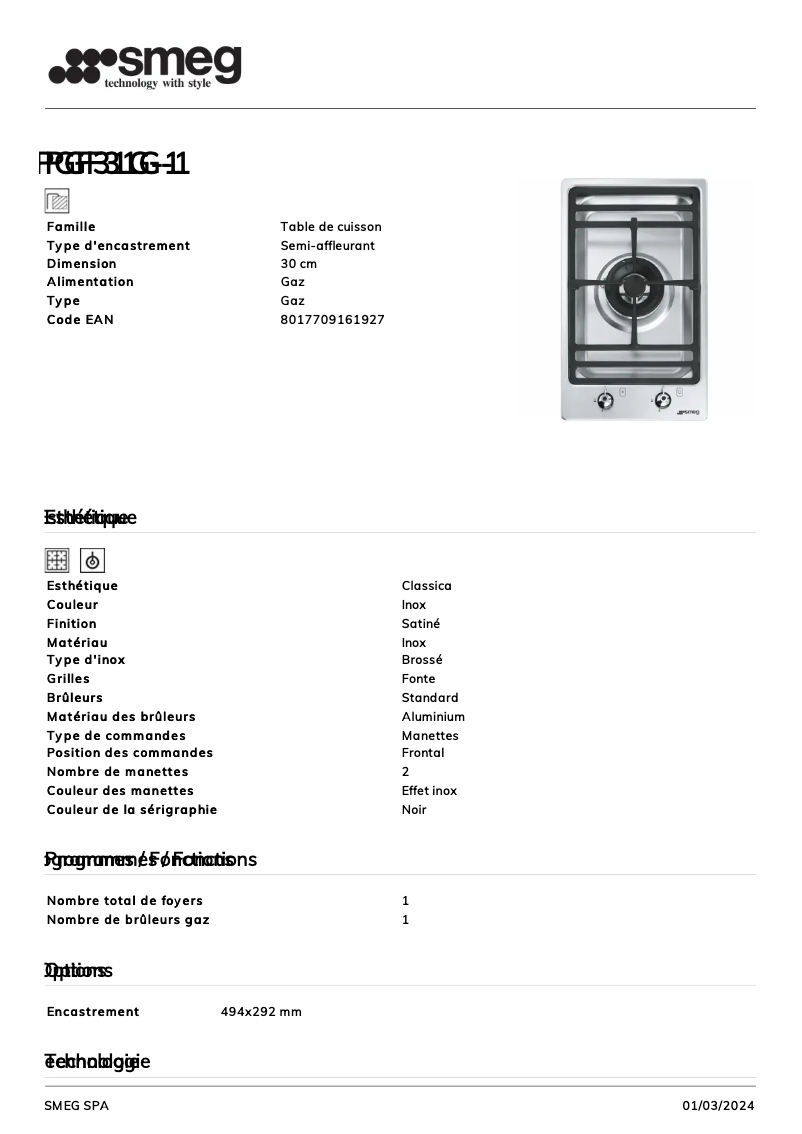 Page 1 de la notice Fiche technique Smeg PGF31G-1