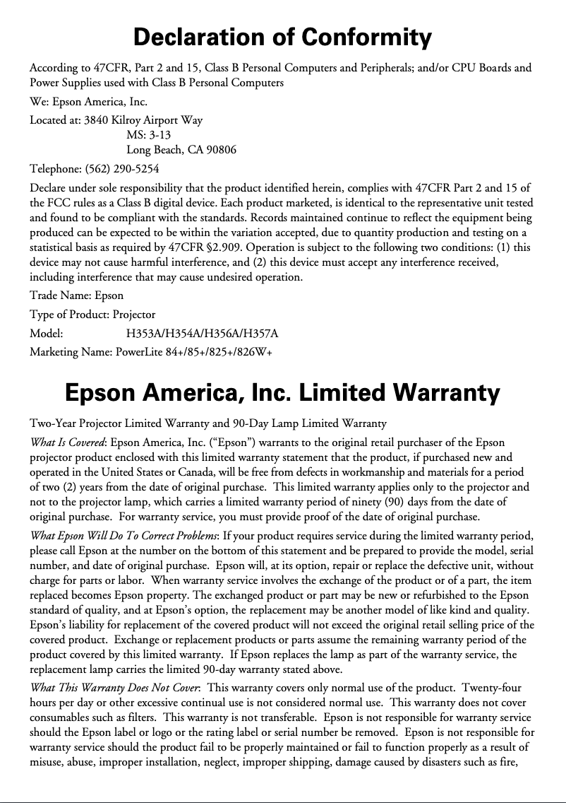 Page 1 de la notice Informations de garantie Epson Powerlite 825+