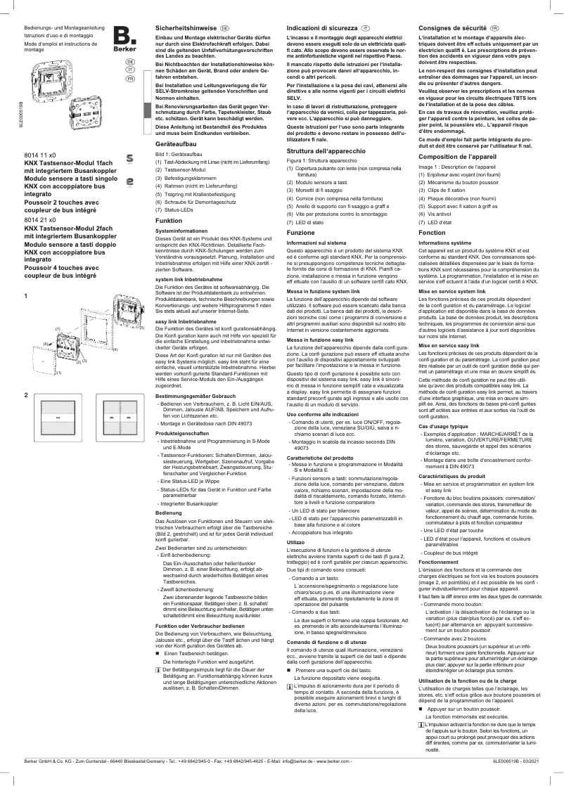 Page 1 de la notice Manuel utilisateur Berker 80142170