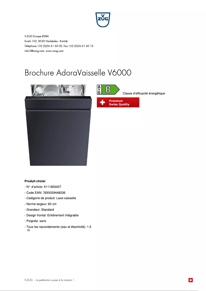 Page 1 of the manual Brochure V-Zug AdoraVaisselle V6000