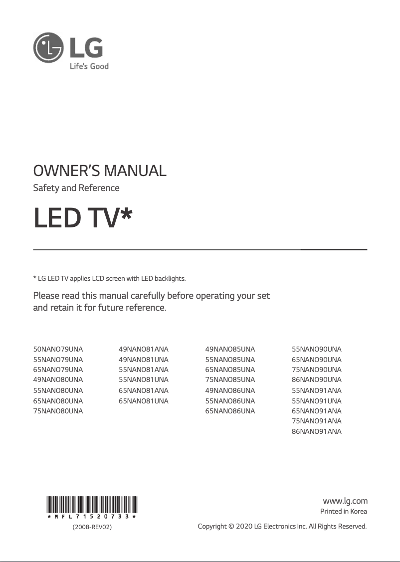 Page 1 of the manual User Manual LG 75NANO85UNA