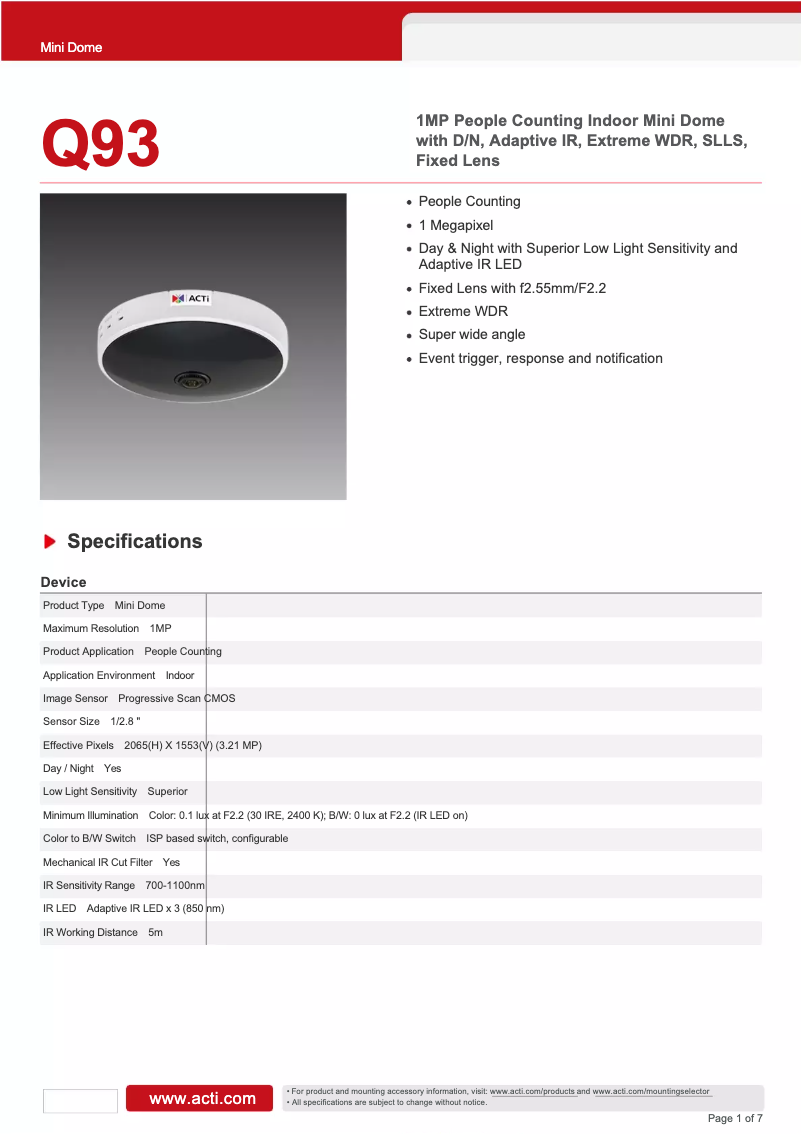Page 1 de la notice Fiche technique ACTi Q93