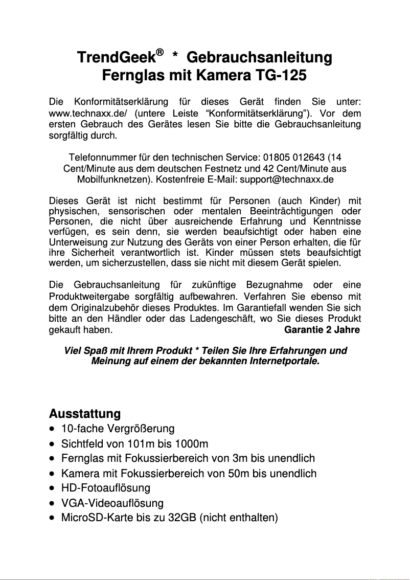 Page 1 de la notice Manuel utilisateur Technaxx TG-125