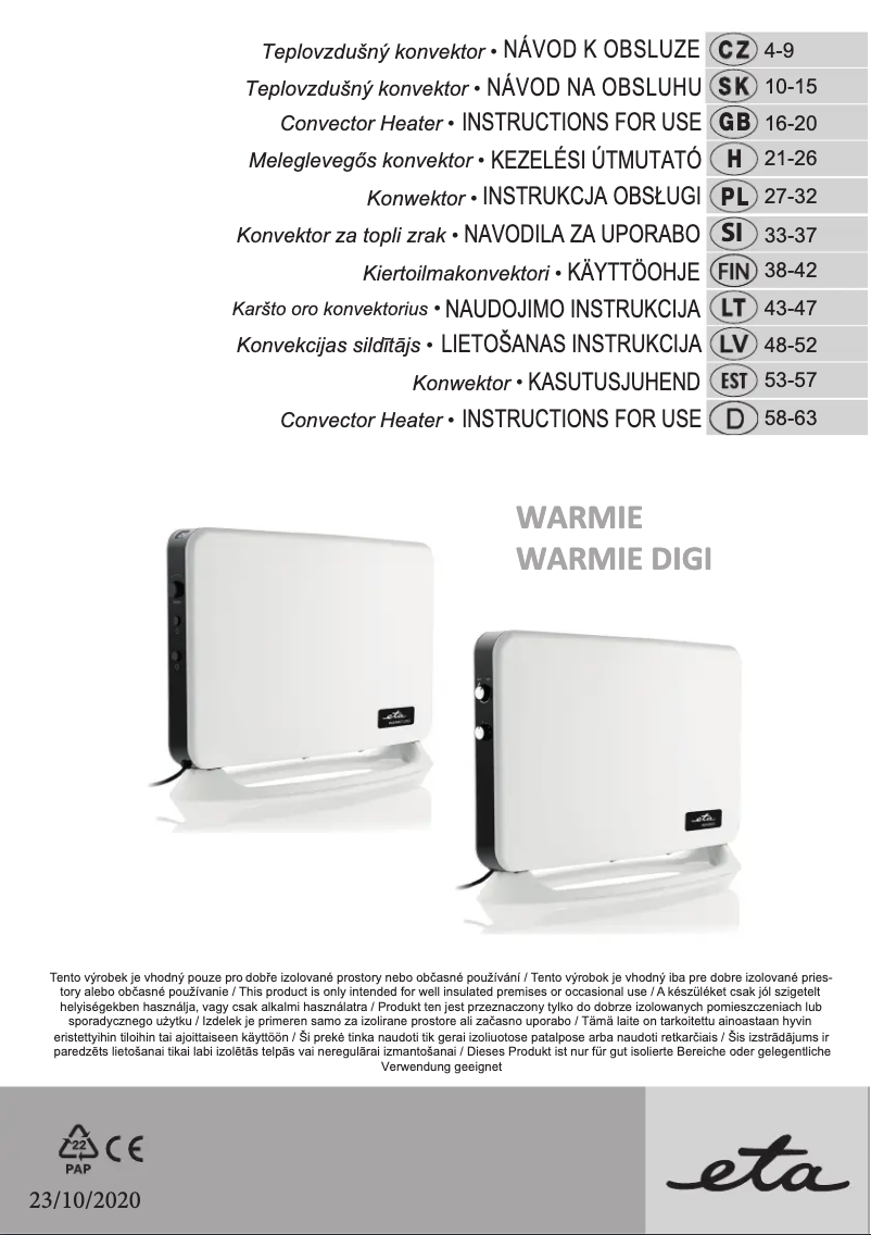 Page 1 of the manual User Manual Eta Warmie Digi 1624 90000