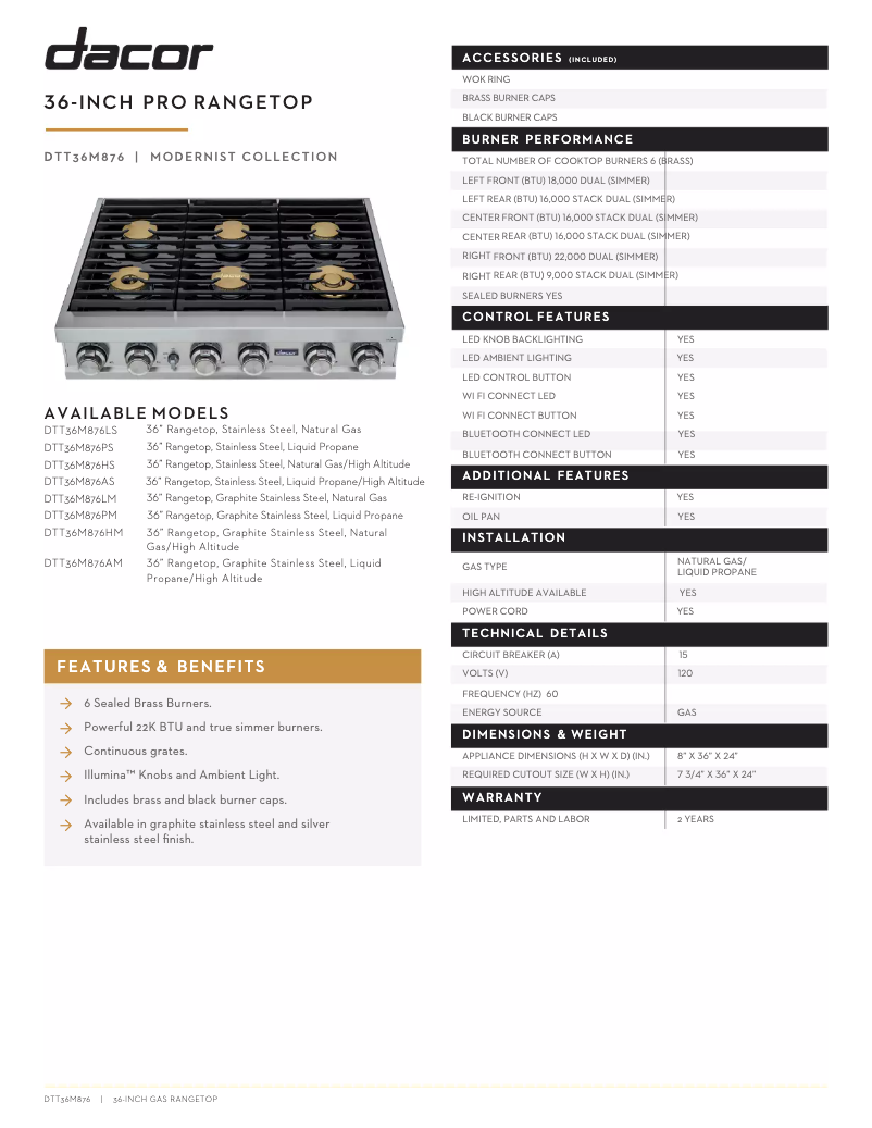 Page 1 de la notice Fiche technique Dacor DTT36M876HS