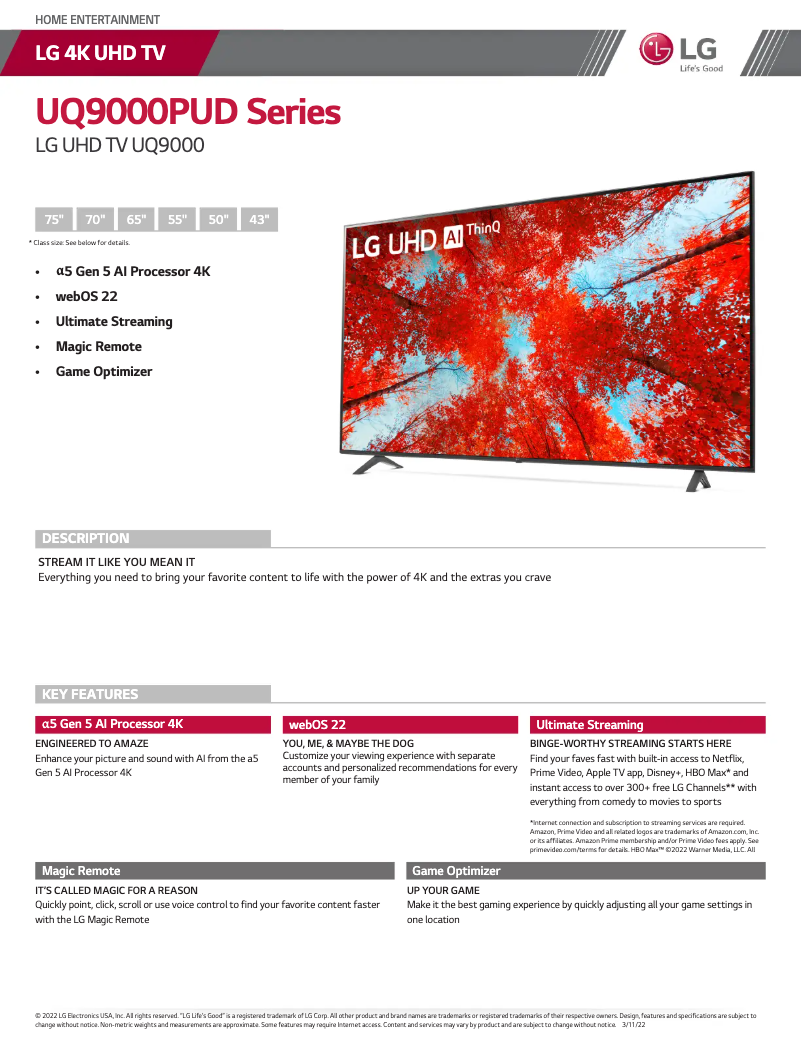 Page 1 de la notice Fiche technique LG 55UQ9000PUD
