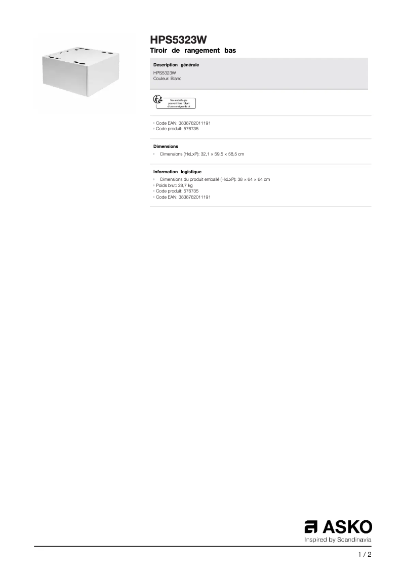 Page 1 de la notice Fiche technique Asko HPS5323W