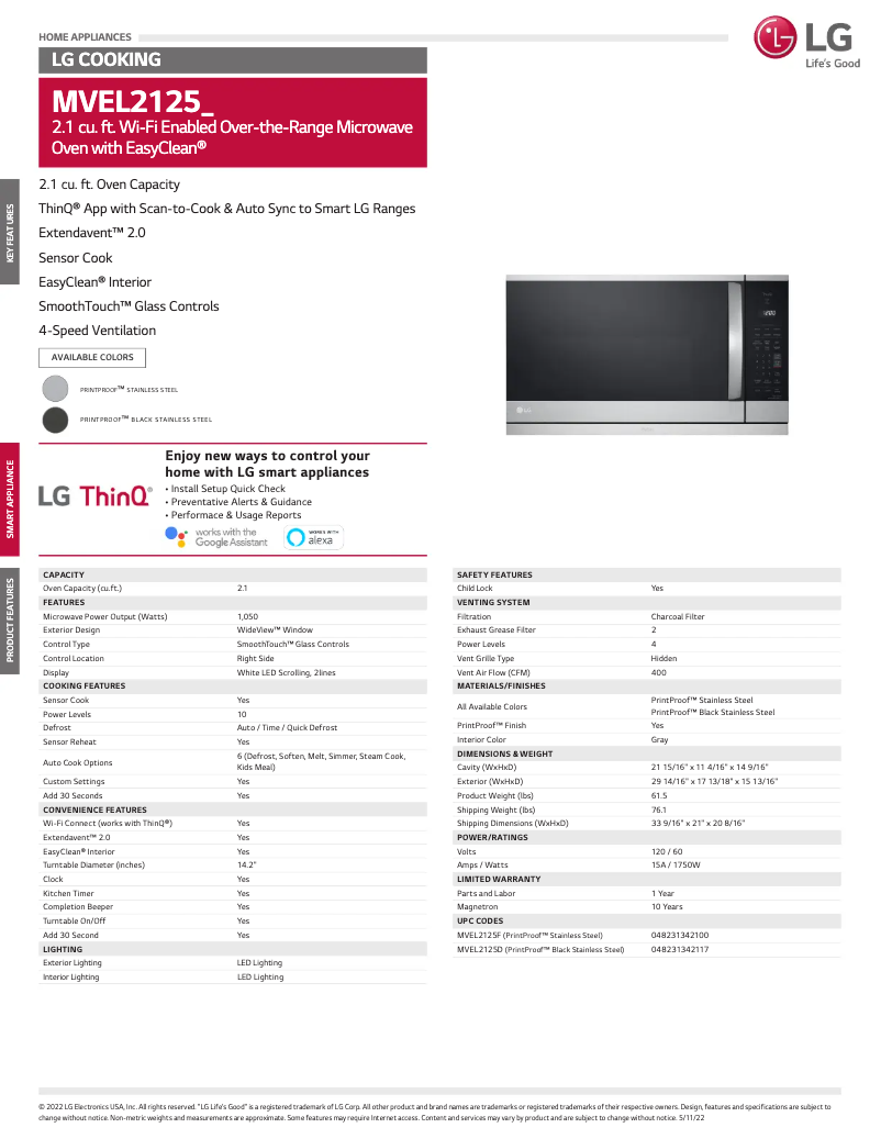 Page 1 of the manual Technical Sheet LG MVEL2125F