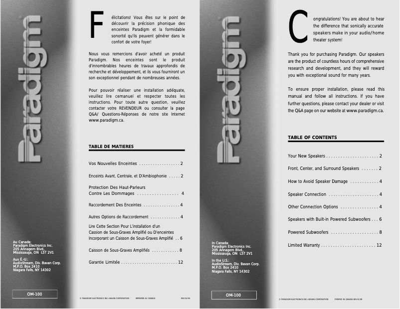 Page 1 de la notice Manuel utilisateur Paradigm PDR-10