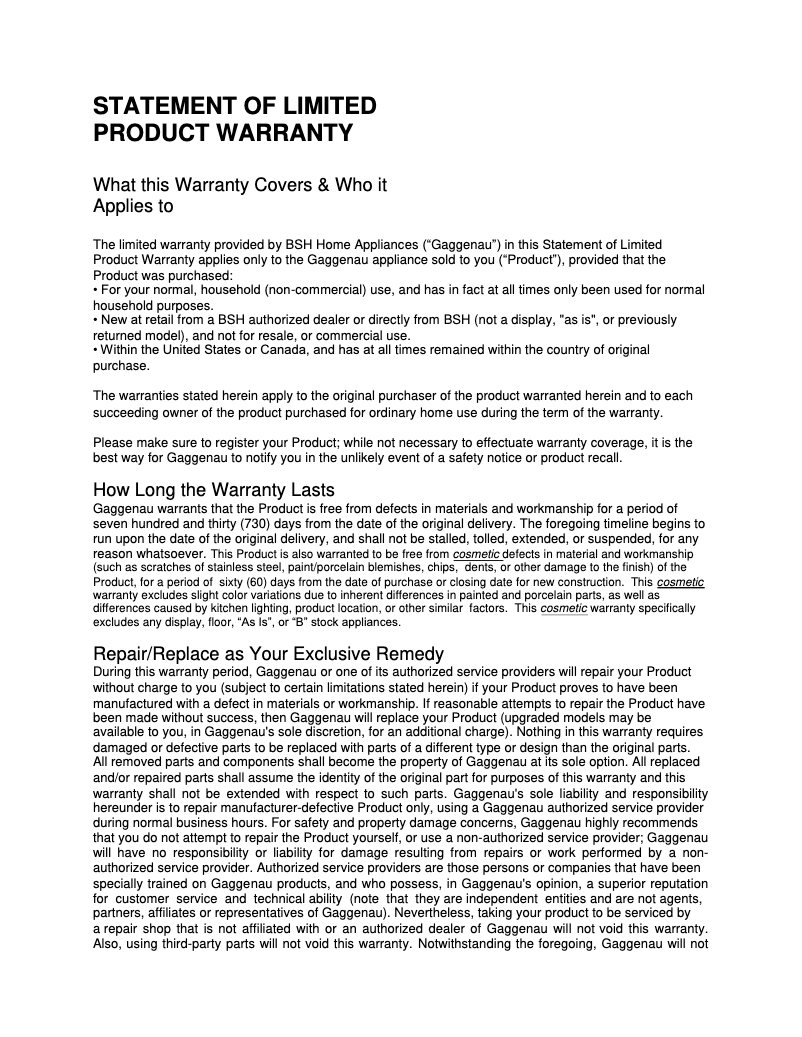 Page 1 de la notice Informations de garantie Gaggenau BS484612