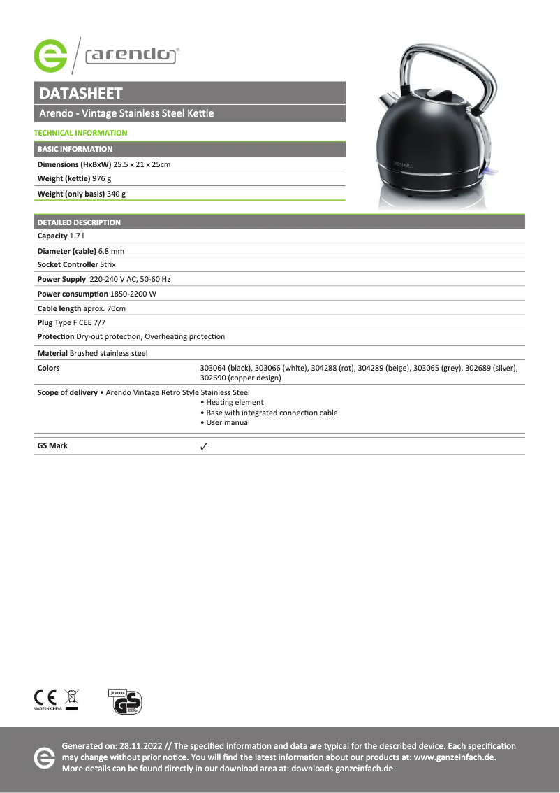 Page 1 de la notice Fiche technique Arendo VINTAGE 302689
