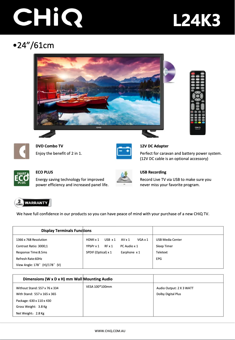 Página 1 del manual Ficha técnica CHiQ L24K3