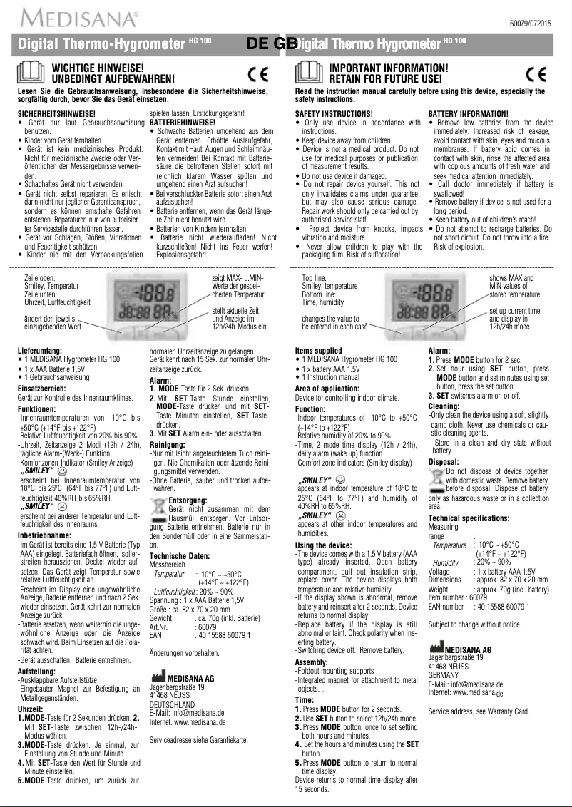 Page 1 de la notice Manuel utilisateur Medisana HG 100