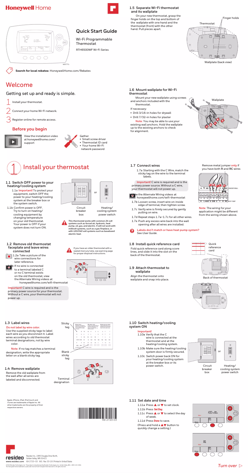 Page 1 de la notice Guide de démarrage rapide Honeywell RTH6580WF1001/U