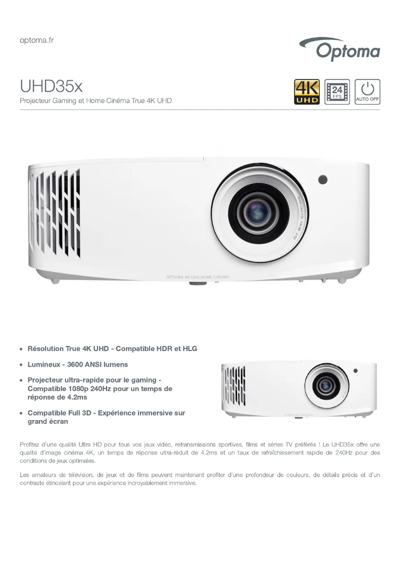 Page 1 de la notice Fiche technique Optoma UHD35x