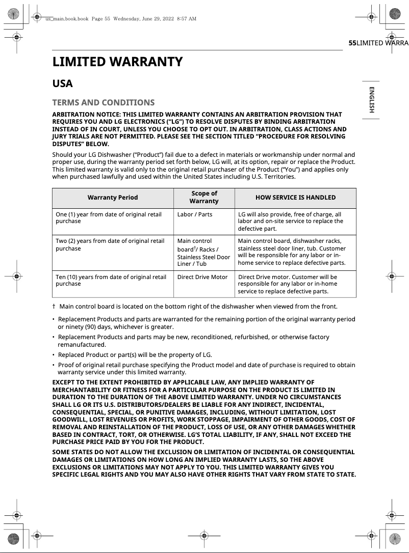 Page 1 de la notice Informations de garantie LG LDTH7972S