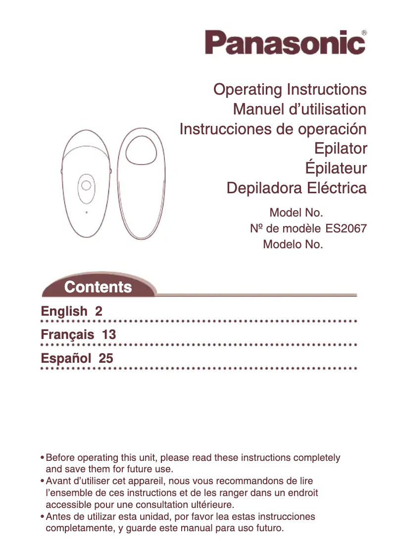 Page 1 de la notice Manuel utilisateur Panasonic Epiglide Ultra ES2067W