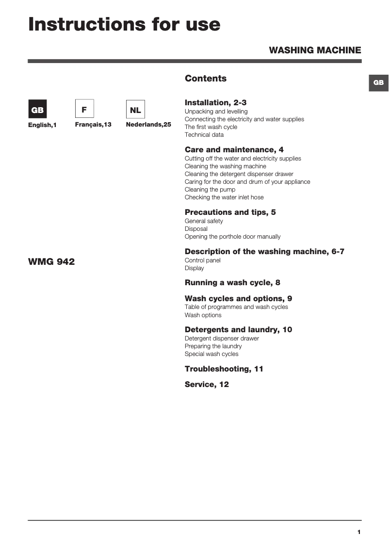 Página 1 del manual Manual de usuario Hotpoint WMG 942BV EU