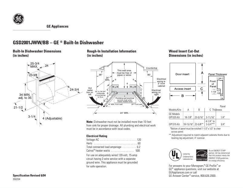 Página 1 del manual Ficha técnica GE GSD2001JBB